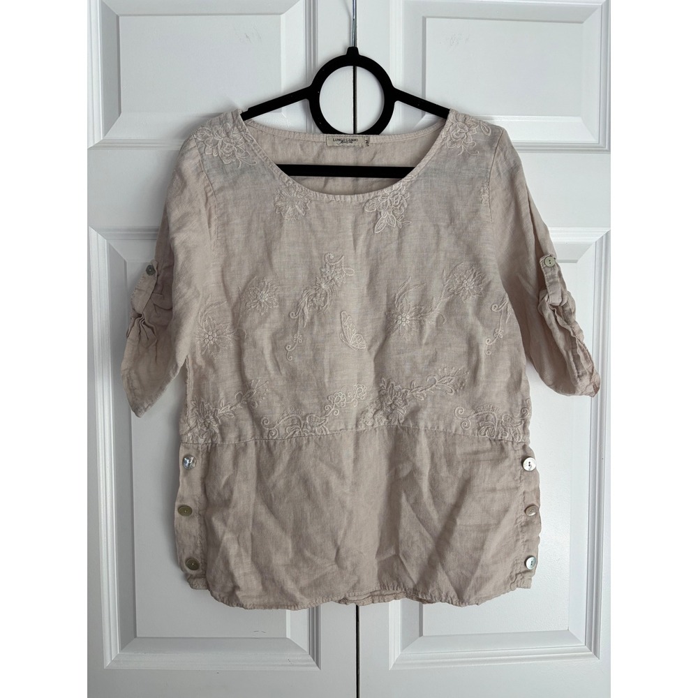 Lungo L'Arno Italy 100% Linen Embroidered Blouse Beige Roll Tab Sleeve Womens M